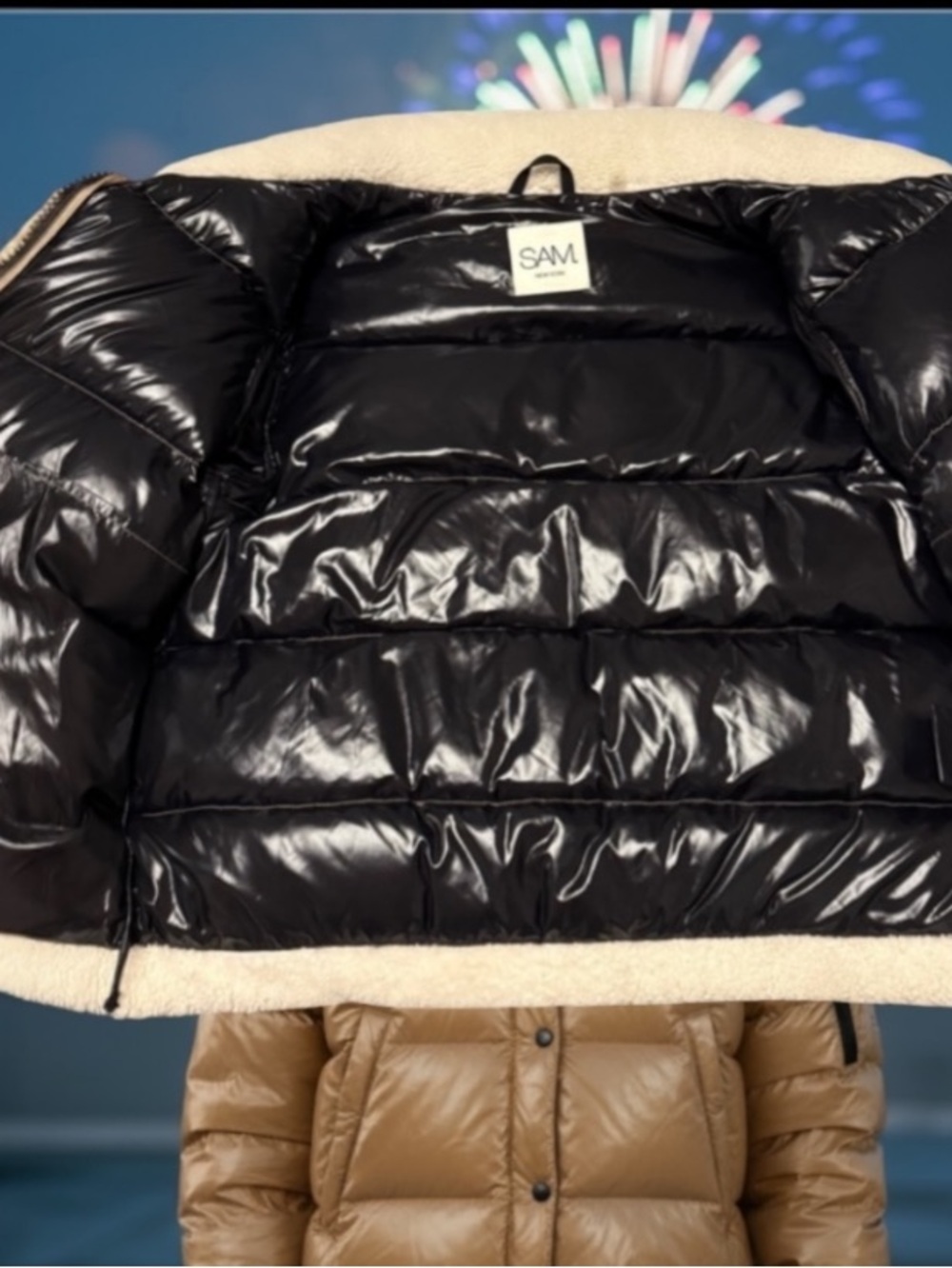 SAM. Glossy Tan Cropped Sherpa-Trim Puffer Jacket - Picture 2 of 4